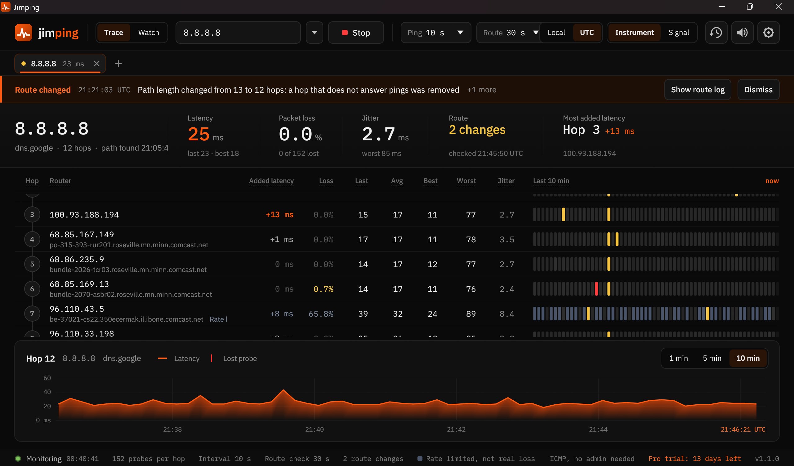 Jimping Trace mode showing a continuous traceroute to 8.8.8.8 with per-hop statistics